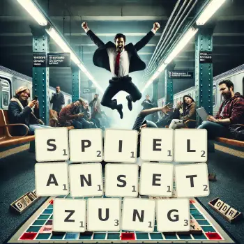 Kreative Illustration für ein Scrabble-Spiel, bei dem das Wort SPIELANSETZUNG mit Steinen auf dem Brett gelegt wurde.