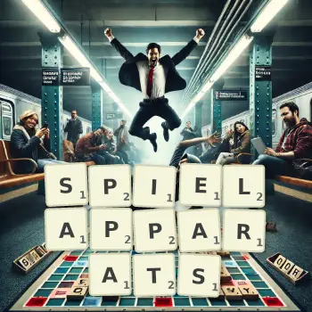Kreative Illustration für ein Scrabble-Spiel, bei dem das Wort SPIELAPPARATS mit Steinen auf dem Brett gelegt wurde.