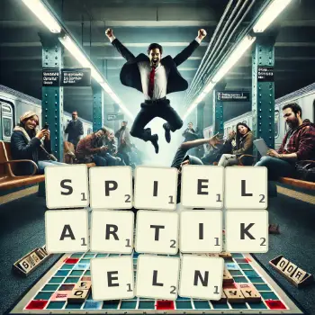 Kreative Illustration für ein Scrabble-Spiel, bei dem das Wort SPIELARTIKELN mit Steinen auf dem Brett gelegt wurde.