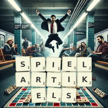 Kreative Illustration für ein Scrabble-Spiel, bei dem das Wort SPIELARTIKELS mit Steinen auf dem Brett gelegt wurde.
