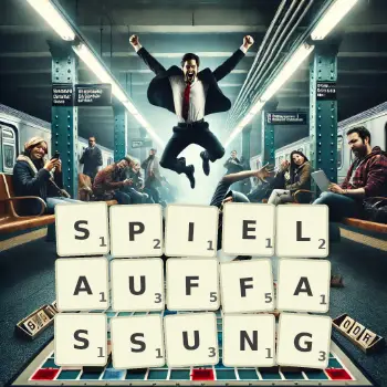 Kreative Illustration für ein Scrabble-Spiel, bei dem das Wort SPIELAUFFASSUNG mit Steinen auf dem Brett gelegt wurde.