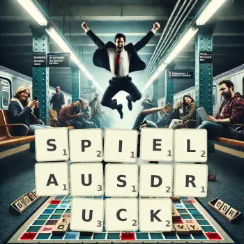 Kreative Illustration für ein Scrabble-Spiel, bei dem das Wort SPIELAUSDRUCK mit Steinen auf dem Brett gelegt wurde.
