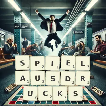 Kreative Illustration für ein Scrabble-Spiel, bei dem das Wort SPIELAUSDRUCKS mit Steinen auf dem Brett gelegt wurde.