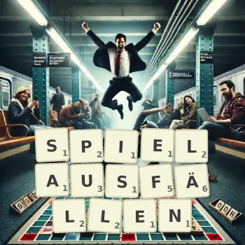 Kreative Illustration für ein Scrabble-Spiel, bei dem das Wort SPIELAUSFÄLLEN mit Steinen auf dem Brett gelegt wurde.