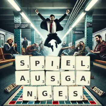 Kreative Illustration für ein Scrabble-Spiel, bei dem das Wort SPIELAUSGANGES mit Steinen auf dem Brett gelegt wurde.