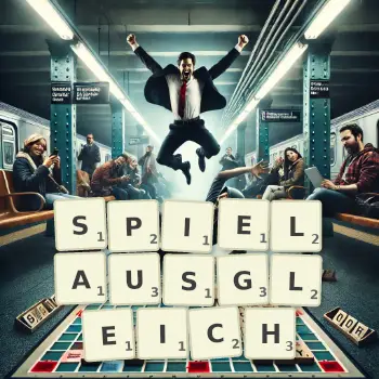 Kreative Illustration für ein Scrabble-Spiel, bei dem das Wort SPIELAUSGLEICH mit Steinen auf dem Brett gelegt wurde.