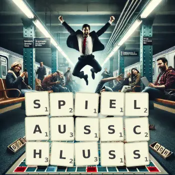 Kreative Illustration für ein Scrabble-Spiel, bei dem das Wort SPIELAUSSCHLUSS mit Steinen auf dem Brett gelegt wurde.