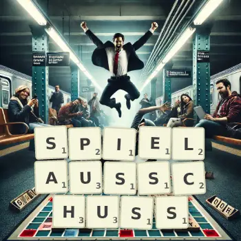 Kreative Illustration für ein Scrabble-Spiel, bei dem das Wort SPIELAUSSCHUSS mit Steinen auf dem Brett gelegt wurde.