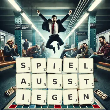 Kreative Illustration für ein Scrabble-Spiel, bei dem das Wort SPIELAUSSTIEGEN mit Steinen auf dem Brett gelegt wurde.
