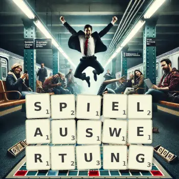 Kreative Illustration für ein Scrabble-Spiel, bei dem das Wort SPIELAUSWERTUNG mit Steinen auf dem Brett gelegt wurde.