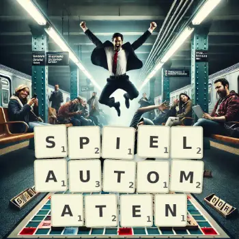 Kreative Illustration für ein Scrabble-Spiel, bei dem das Wort SPIELAUTOMATEN mit Steinen auf dem Brett gelegt wurde.