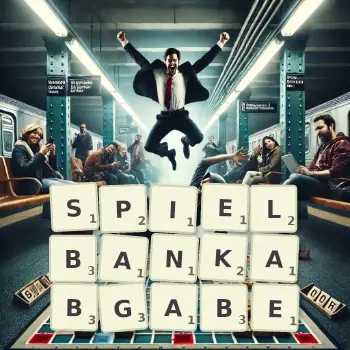 Kreative Illustration für ein Scrabble-Spiel, bei dem das Wort SPIELBANKABGABE mit Steinen auf dem Brett gelegt wurde.