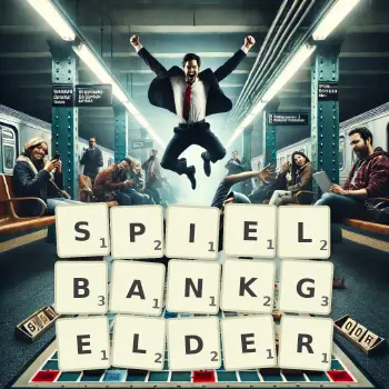 Kreative Illustration für ein Scrabble-Spiel, bei dem das Wort SPIELBANKGELDER mit Steinen auf dem Brett gelegt wurde.