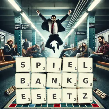 Kreative Illustration für ein Scrabble-Spiel, bei dem das Wort SPIELBANKGESETZ mit Steinen auf dem Brett gelegt wurde.
