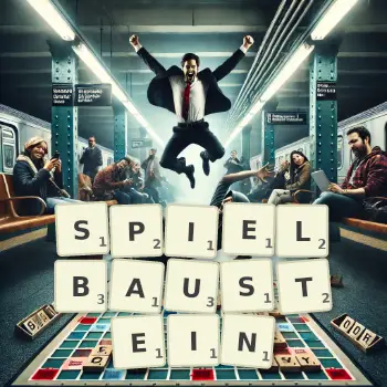 Kreative Illustration für ein Scrabble-Spiel, bei dem das Wort SPIELBAUSTEIN mit Steinen auf dem Brett gelegt wurde.