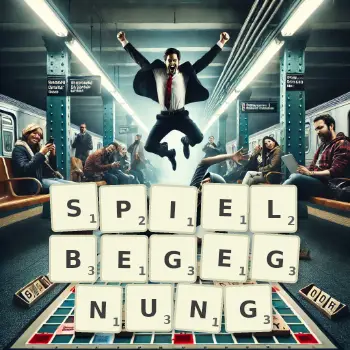 Kreative Illustration für ein Scrabble-Spiel, bei dem das Wort SPIELBEGEGNUNG mit Steinen auf dem Brett gelegt wurde.