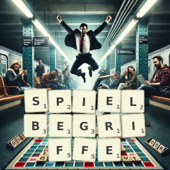 Kreative Illustration für ein Scrabble-Spiel, bei dem das Wort SPIELBEGRIFFE mit Steinen auf dem Brett gelegt wurde.