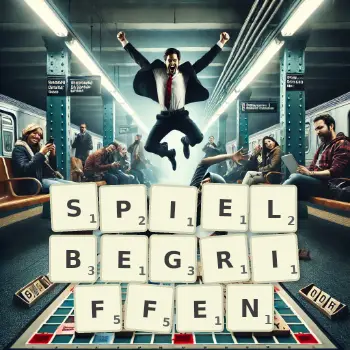 Kreative Illustration für ein Scrabble-Spiel, bei dem das Wort SPIELBEGRIFFEN mit Steinen auf dem Brett gelegt wurde.