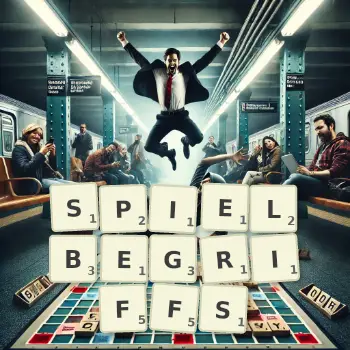 Kreative Illustration für ein Scrabble-Spiel, bei dem das Wort SPIELBEGRIFFS mit Steinen auf dem Brett gelegt wurde.