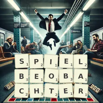 Kreative Illustration für ein Scrabble-Spiel, bei dem das Wort SPIELBEOBACHTER mit Steinen auf dem Brett gelegt wurde.