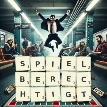 Kreative Illustration für ein Scrabble-Spiel, bei dem das Wort SPIELBERECHTIGT mit Steinen auf dem Brett gelegt wurde.