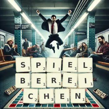 Kreative Illustration für ein Scrabble-Spiel, bei dem das Wort SPIELBEREICHEN mit Steinen auf dem Brett gelegt wurde.