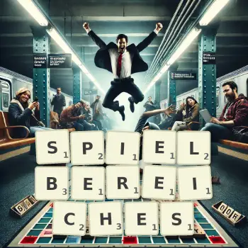 Kreative Illustration für ein Scrabble-Spiel, bei dem das Wort SPIELBEREICHES mit Steinen auf dem Brett gelegt wurde.