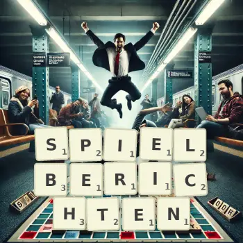 Kreative Illustration für ein Scrabble-Spiel, bei dem das Wort SPIELBERICHTEN mit Steinen auf dem Brett gelegt wurde.