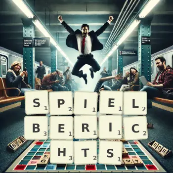 Kreative Illustration für ein Scrabble-Spiel, bei dem das Wort SPIELBERICHTS mit Steinen auf dem Brett gelegt wurde.