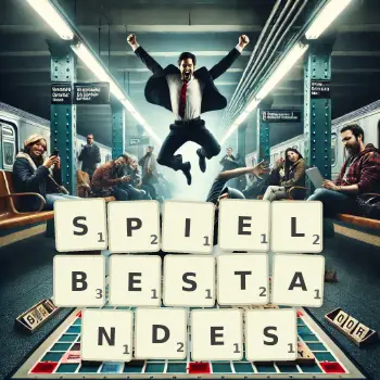 Kreative Illustration für ein Scrabble-Spiel, bei dem das Wort SPIELBESTANDES mit Steinen auf dem Brett gelegt wurde.