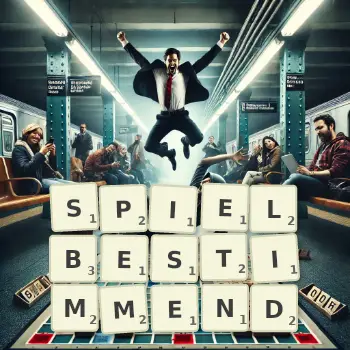 Kreative Illustration für ein Scrabble-Spiel, bei dem das Wort SPIELBESTIMMEND mit Steinen auf dem Brett gelegt wurde.