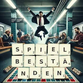 Kreative Illustration für ein Scrabble-Spiel, bei dem das Wort SPIELBESTÄNDEN mit Steinen auf dem Brett gelegt wurde.