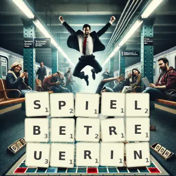 Kreative Illustration für ein Scrabble-Spiel, bei dem das Wort SPIELBETREUERIN mit Steinen auf dem Brett gelegt wurde.