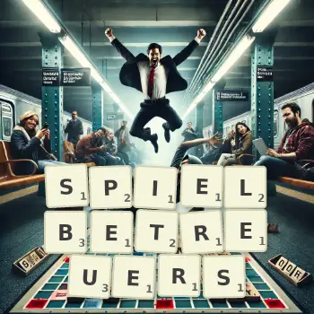 Kreative Illustration für ein Scrabble-Spiel, bei dem das Wort SPIELBETREUERS mit Steinen auf dem Brett gelegt wurde.