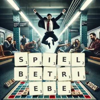 Kreative Illustration für ein Scrabble-Spiel, bei dem das Wort SPIELBETRIEBE mit Steinen auf dem Brett gelegt wurde.