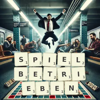 Kreative Illustration für ein Scrabble-Spiel, bei dem das Wort SPIELBETRIEBEN mit Steinen auf dem Brett gelegt wurde.