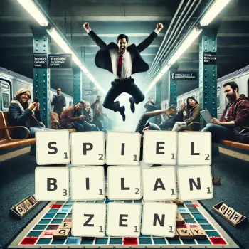 Kreative Illustration für ein Scrabble-Spiel, bei dem das Wort SPIELBILANZEN mit Steinen auf dem Brett gelegt wurde.