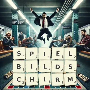 Kreative Illustration für ein Scrabble-Spiel, bei dem das Wort SPIELBILDSCHIRM mit Steinen auf dem Brett gelegt wurde.