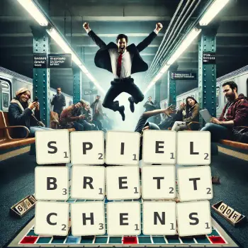 Kreative Illustration für ein Scrabble-Spiel, bei dem das Wort SPIELBRETTCHENS mit Steinen auf dem Brett gelegt wurde.