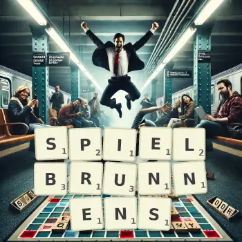 Kreative Illustration für ein Scrabble-Spiel, bei dem das Wort SPIELBRUNNENS mit Steinen auf dem Brett gelegt wurde.
