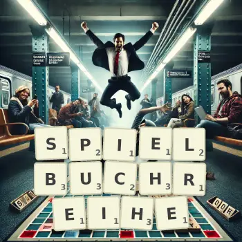 Kreative Illustration für ein Scrabble-Spiel, bei dem das Wort SPIELBUCHREIHE mit Steinen auf dem Brett gelegt wurde.
