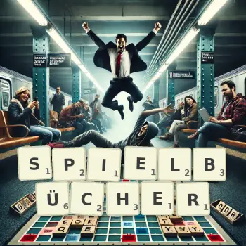 Kreative Illustration für ein Scrabble-Spiel, bei dem das Wort SPIELBÜCHER mit Steinen auf dem Brett gelegt wurde.