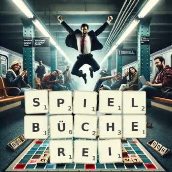 Kreative Illustration für ein Scrabble-Spiel, bei dem das Wort SPIELBÜCHEREI mit Steinen auf dem Brett gelegt wurde.