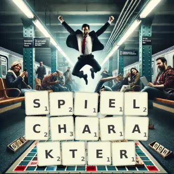 Kreative Illustration für ein Scrabble-Spiel, bei dem das Wort SPIELCHARAKTER mit Steinen auf dem Brett gelegt wurde.