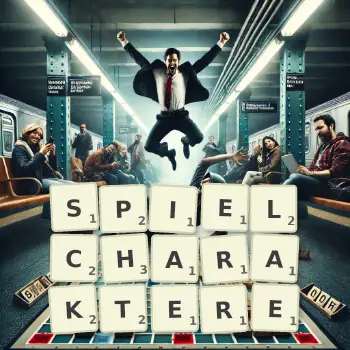 Kreative Illustration für ein Scrabble-Spiel, bei dem das Wort SPIELCHARAKTERE mit Steinen auf dem Brett gelegt wurde.