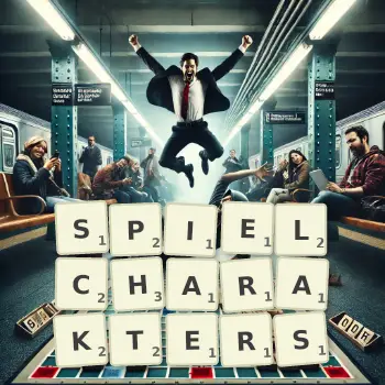 Kreative Illustration für ein Scrabble-Spiel, bei dem das Wort SPIELCHARAKTERS mit Steinen auf dem Brett gelegt wurde.