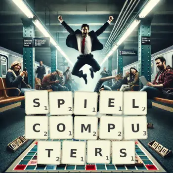 Kreative Illustration für ein Scrabble-Spiel, bei dem das Wort SPIELCOMPUTERS mit Steinen auf dem Brett gelegt wurde.