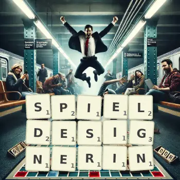 Kreative Illustration für ein Scrabble-Spiel, bei dem das Wort SPIELDESIGNERIN mit Steinen auf dem Brett gelegt wurde.