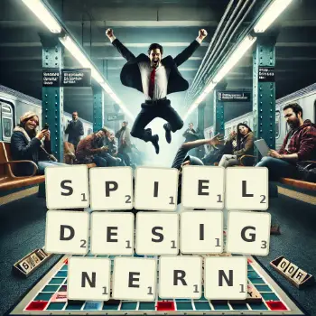 Kreative Illustration für ein Scrabble-Spiel, bei dem das Wort SPIELDESIGNERN mit Steinen auf dem Brett gelegt wurde.