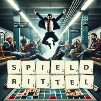 Kreative Illustration für ein Scrabble-Spiel, bei dem das Wort SPIELDRITTEL mit Steinen auf dem Brett gelegt wurde.